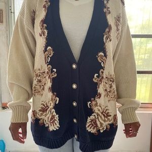 Vintage 90s Navy & Cream Cardigan w/ Floral Embroidery- GUC